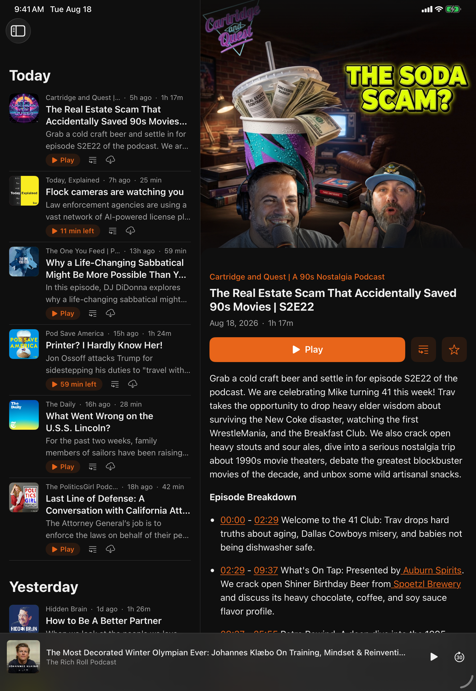 An episode open beside the list on iPad, in light mode