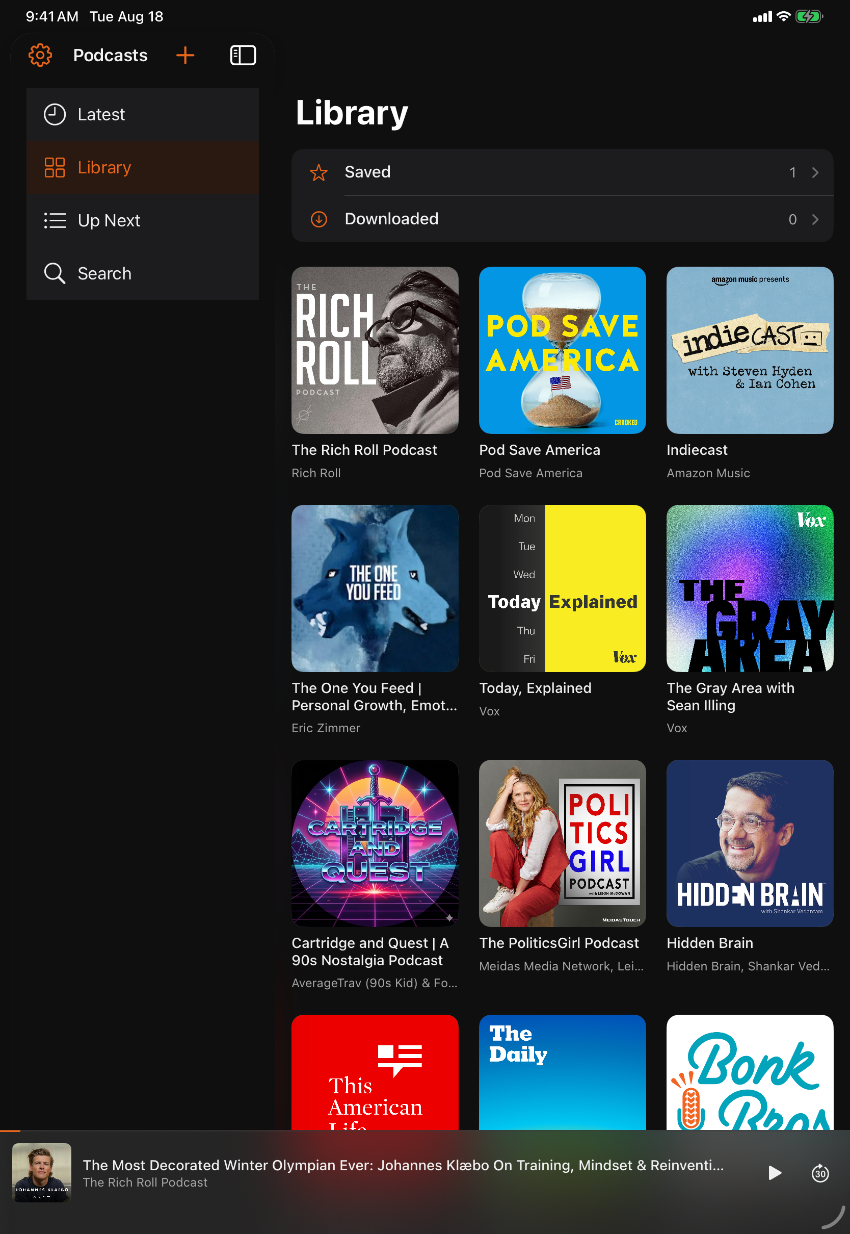The library of shows on iPad, in dark mode