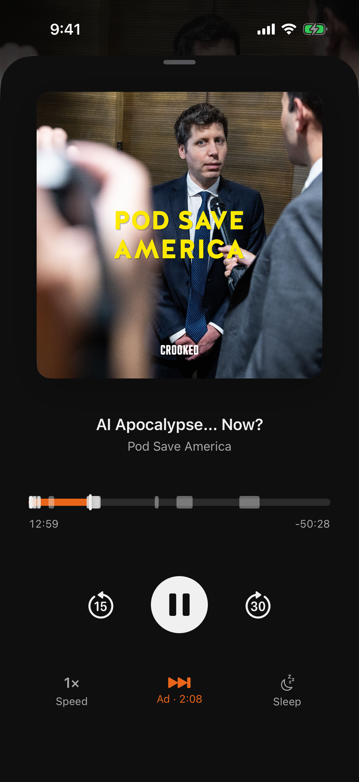 An episode playing inside a detected ad break, with the breaks drawn on the scrubber and the Skip Ad button lit, reading Ad · 2:05