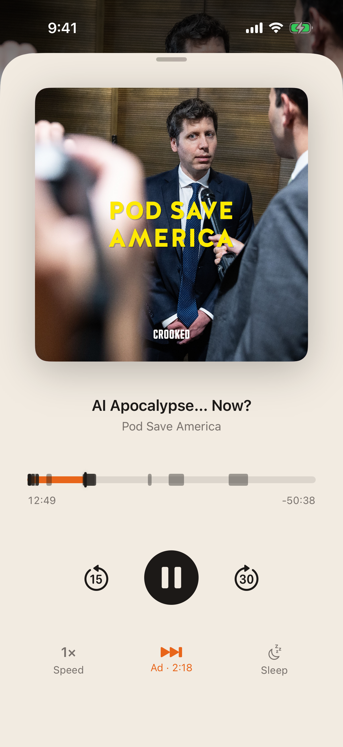 Now playing, with detected ad breaks marked on the scrubber