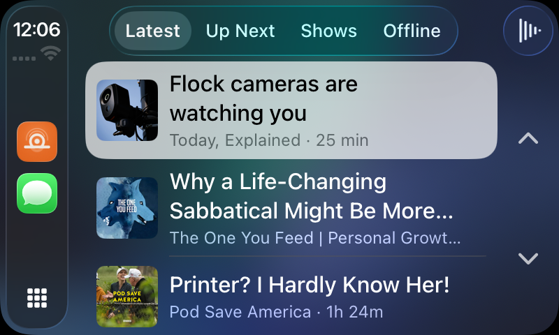 The newest episodes on a car screen, with artwork and time remaining